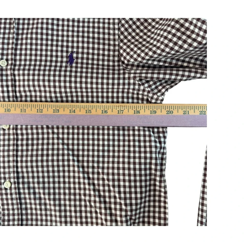 Ralph Lauren Boys XL 18-20 Brown Gingham Button Down Shirt Slim Fit Purple Pony
